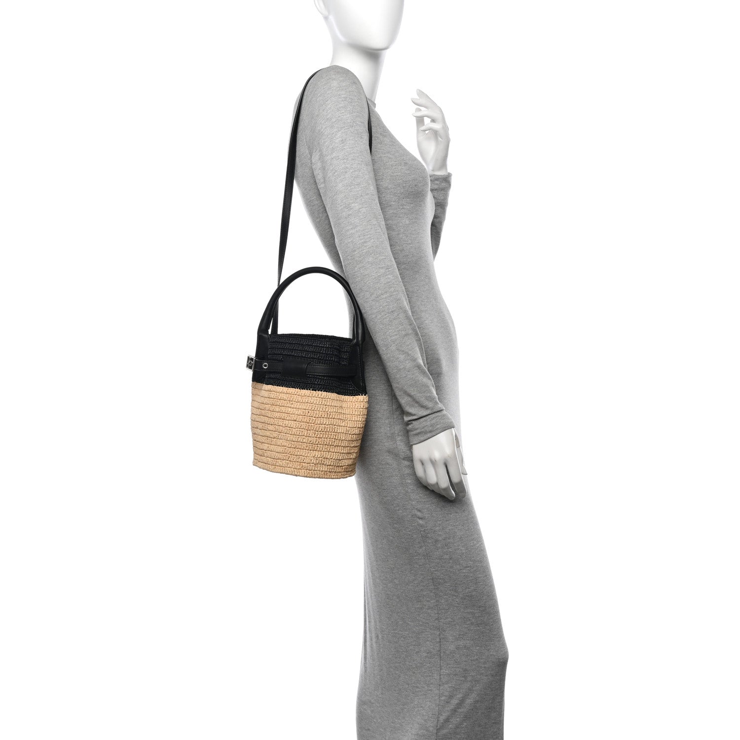 Celine Raffia Calfskin Nano Big Bag Bucket Black Natural 2 of 10