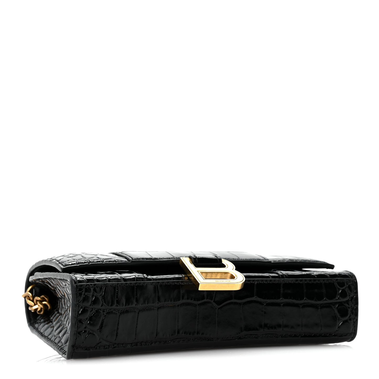 Shiny Calfskin Crocodile Embossed Hourglass Chain Bag Black