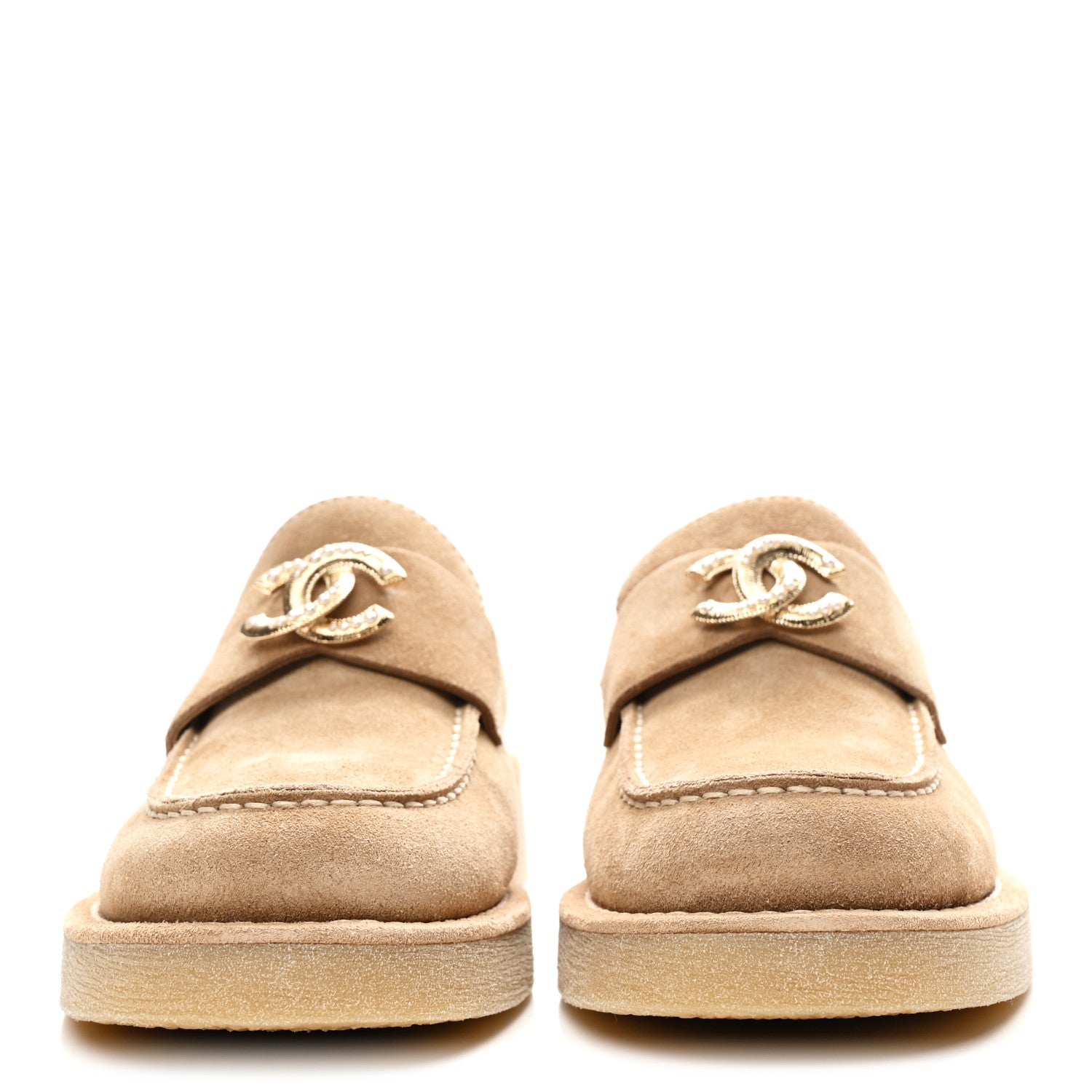 Chanel Suede Calfskin Pearl CC Moccasin Loafers 37 Dark Beige 3 of 10