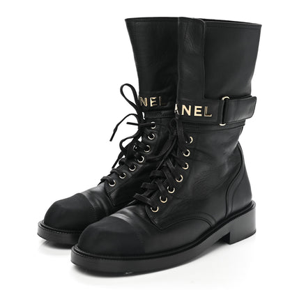 Chanel Shiny Calfskin Lace Up Combat Boots 40 Black 3 of 9