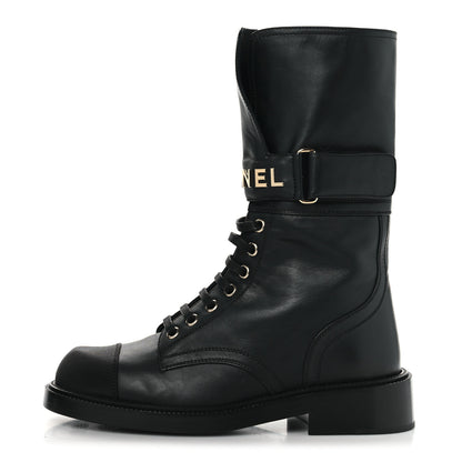 Chanel Shiny Calfskin Grosgrain Lace Up Combat Boots 36.5 Black 1 of 7