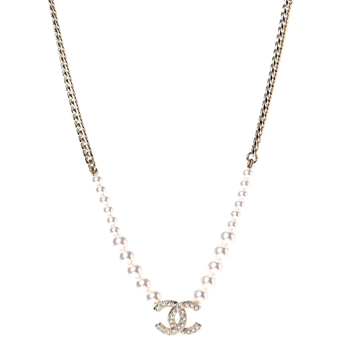 Pearl Crystal Chain CC Necklace Gold