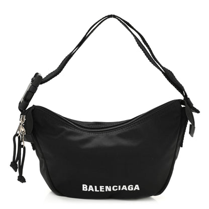 Balenciaga Recycled Sport Nylon Logo Embroidered Wheel Sling Bag Black White 1 of 9