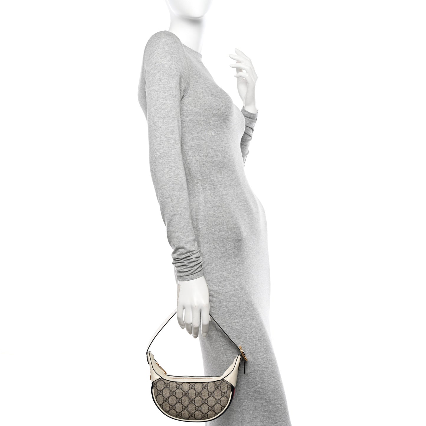 GG Supreme Monogram Textured Dollar Calfskin Web Mini Ophidia Half Moon Hobo Beige Ebony Mystic White