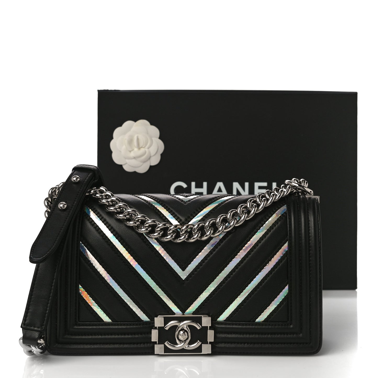 Lambskin Iridescent PVC Chevron Quilted Medium Boy Flap Black Silver