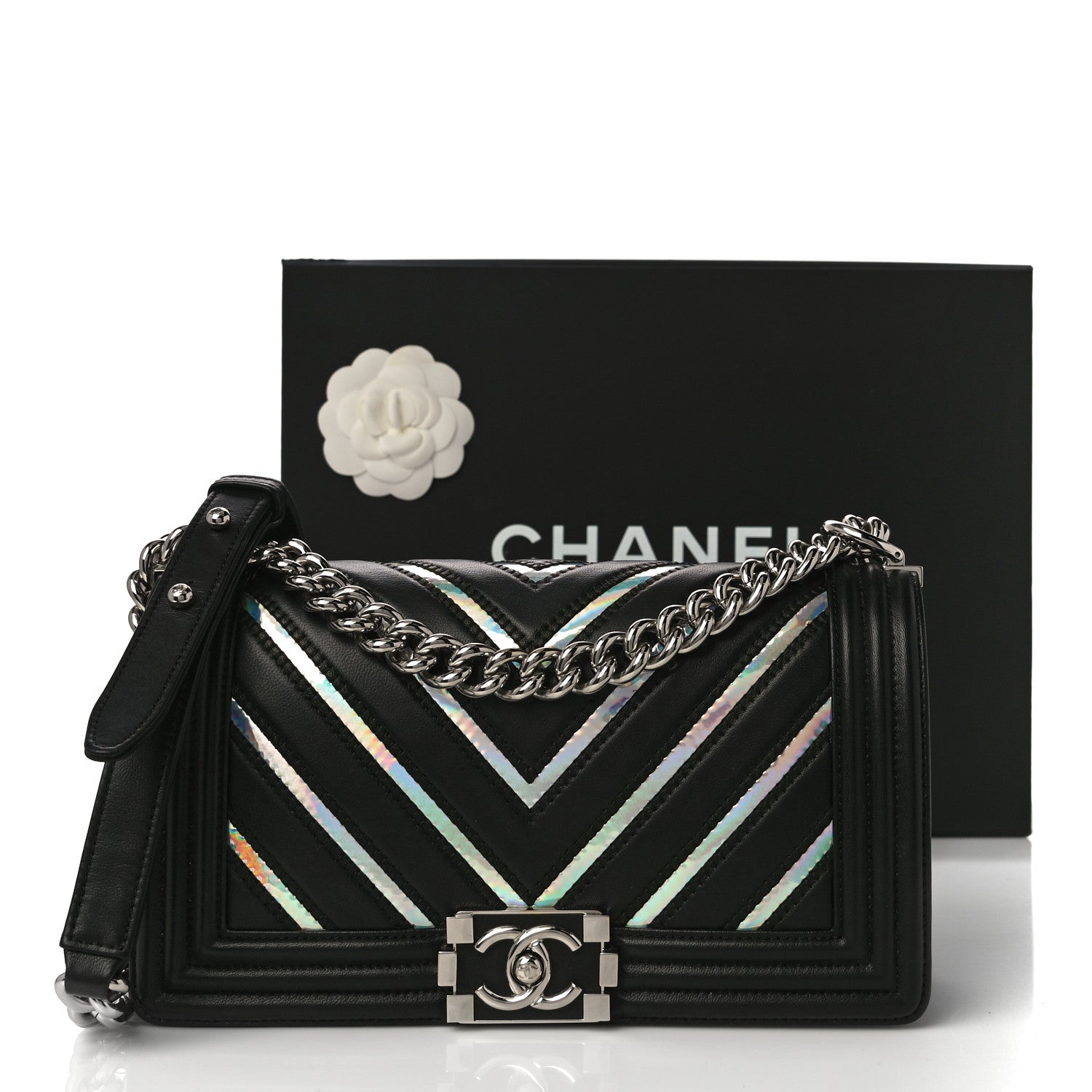 Chanel Lambskin Iridescent PVC Chevron Quilted Medium Boy Flap Black Silver 12 of 12