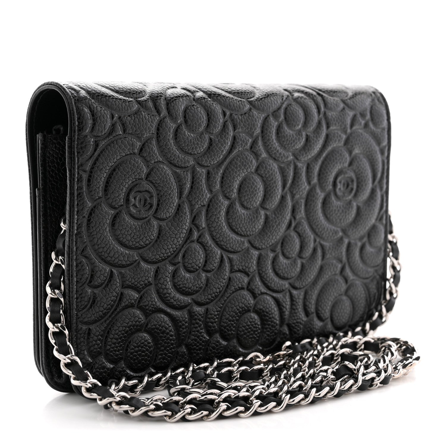 Chanel Caviar Camellia Embossed Wallet On Chain WOC Black 3 of 12