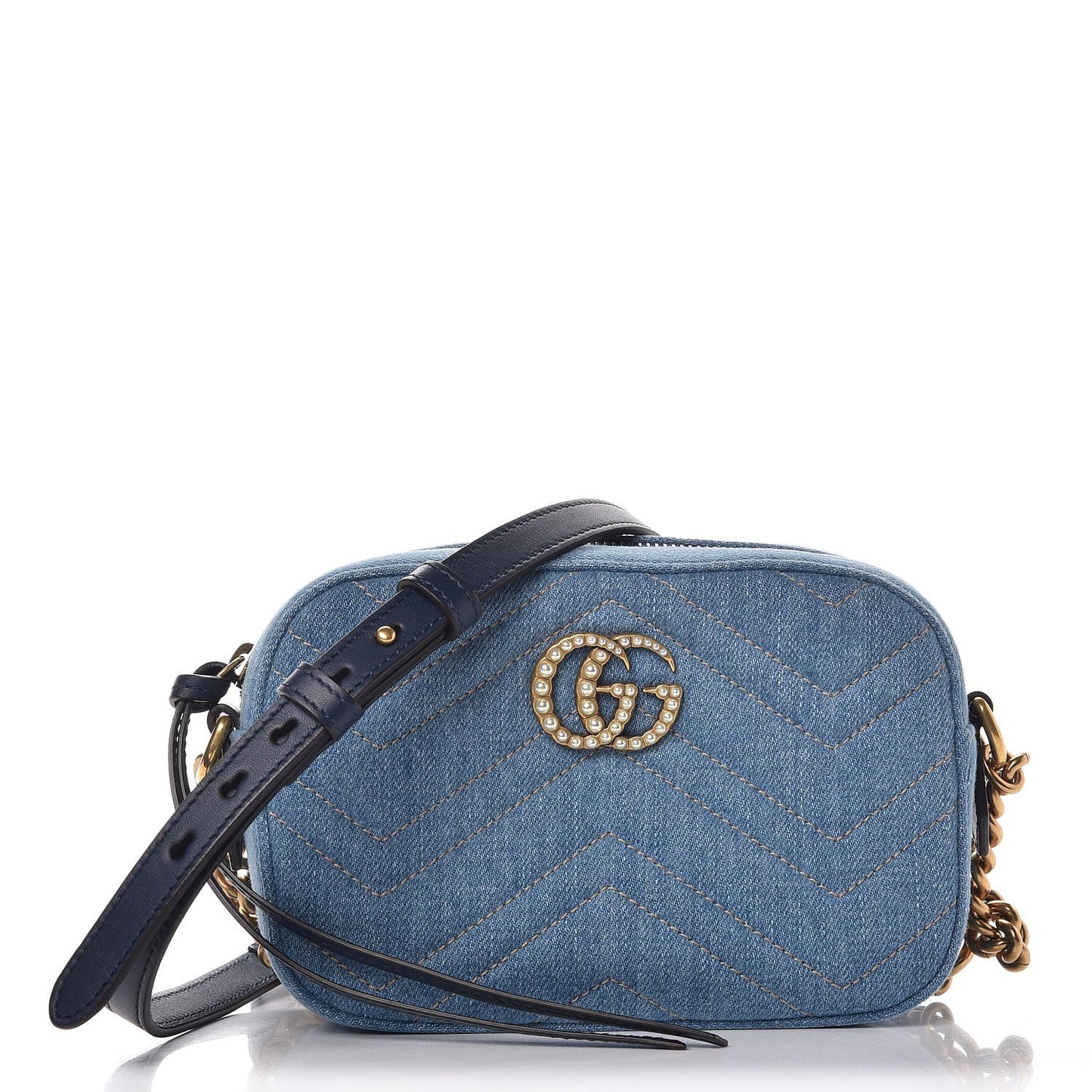 Denim Matelasse Mini Pearly GG Marmont Chain Shoulder Bag Blue