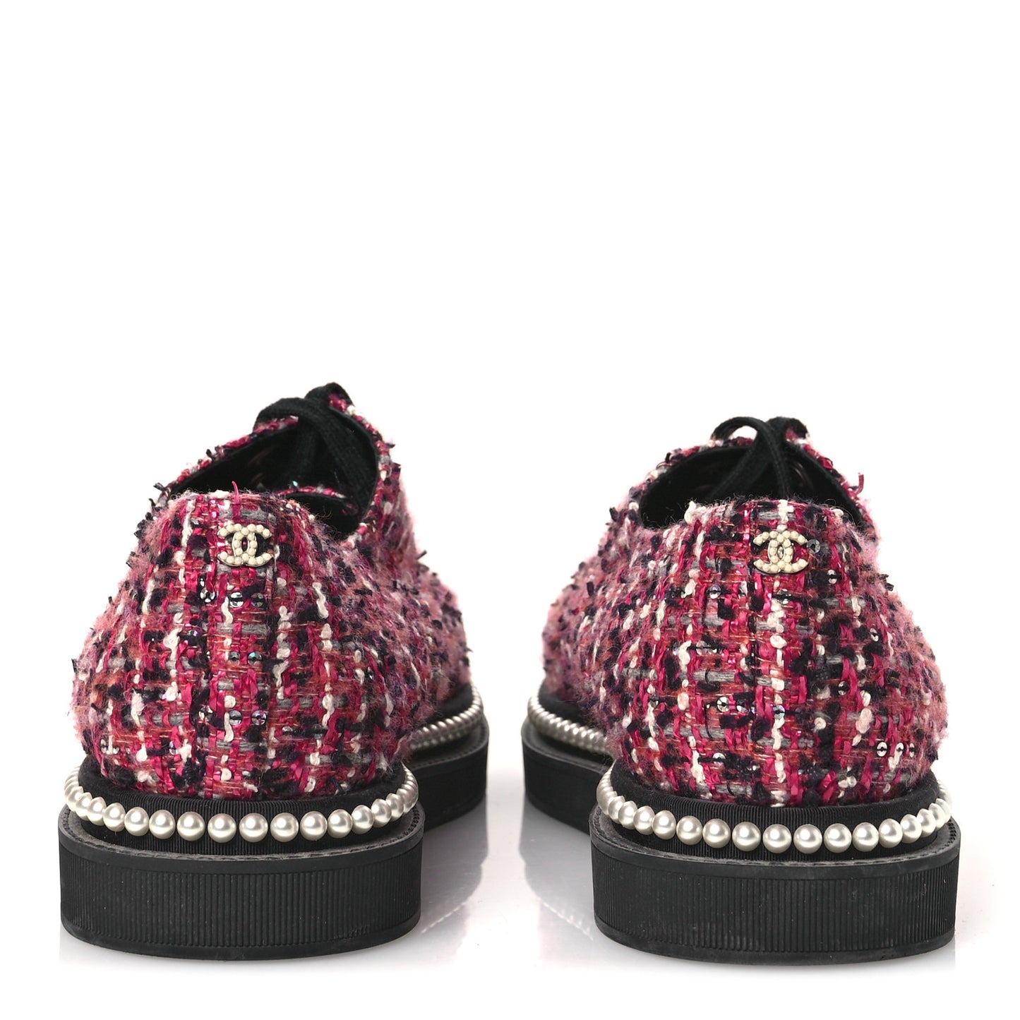 Tweed Grosgrain Sequin Pearl Lace Up Sneakers 40 Black Pink
