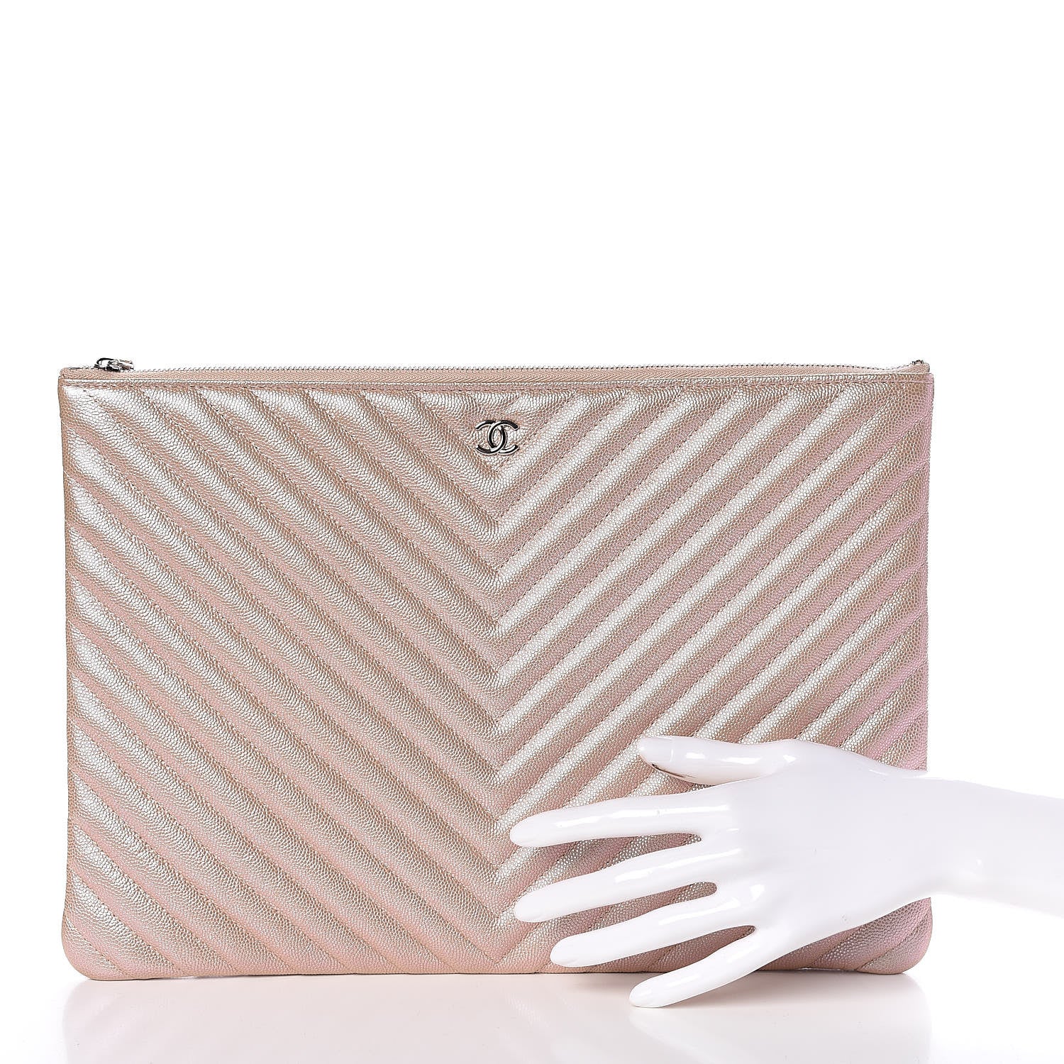 Chanel Iridescent Caviar Chevron Quilted Large Cosmetic Case Light Gold 2 of 8