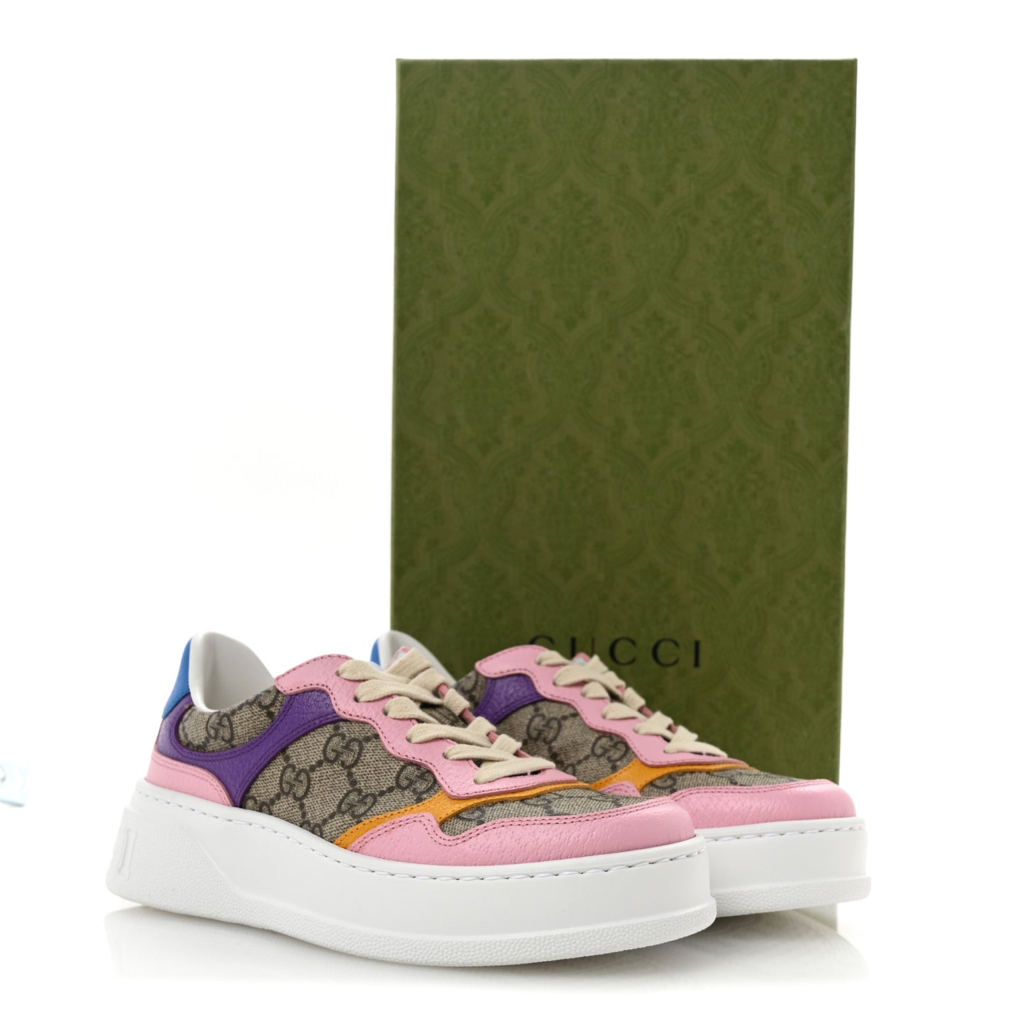 Calfskin GG Supreme Monogram Perforated Womens Platform 55mm Sneakers 35 Beige Ebony Sugar Pink Crop Shine Purple
