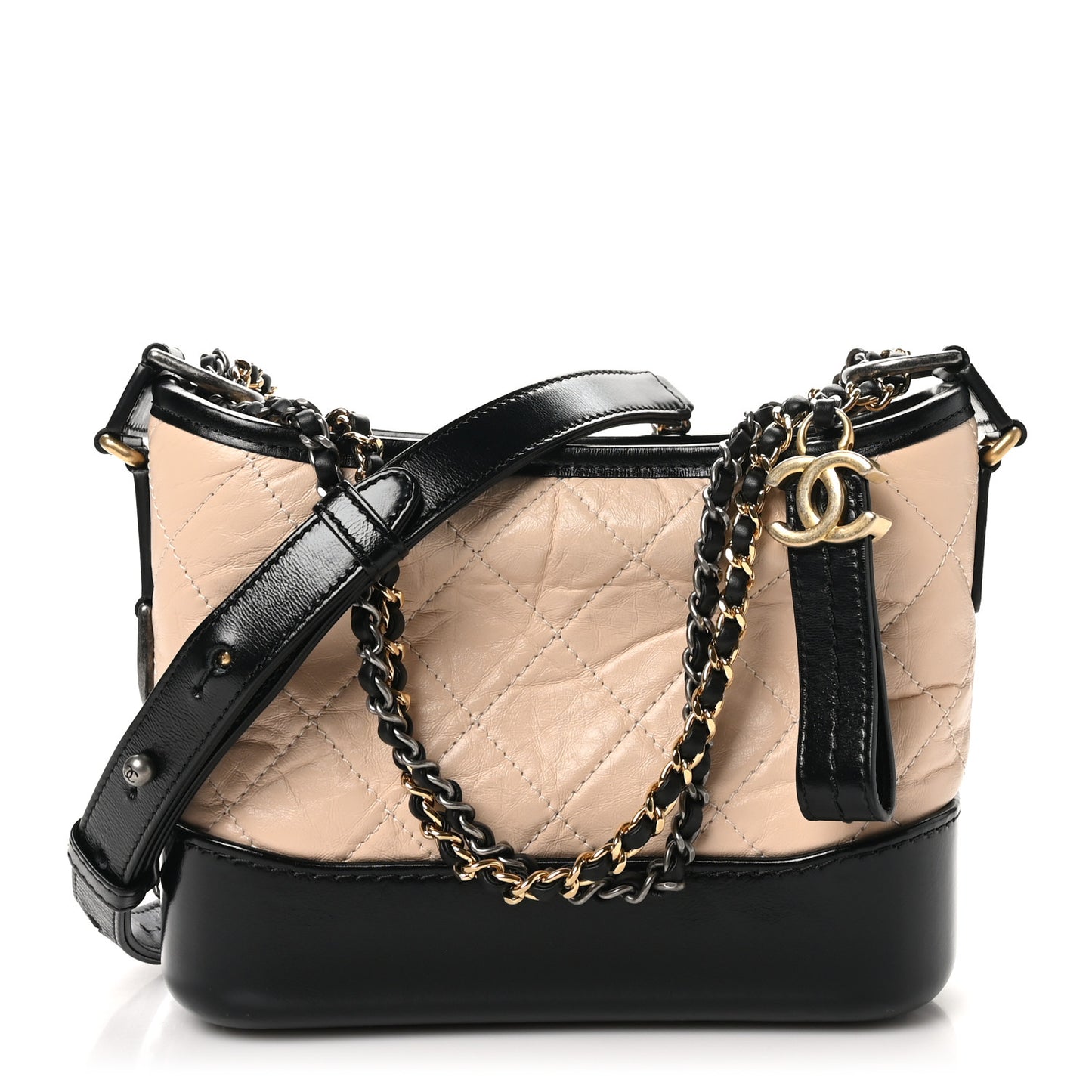 Aged Calfskin Quilted Small Gabrielle Hobo Beige Black