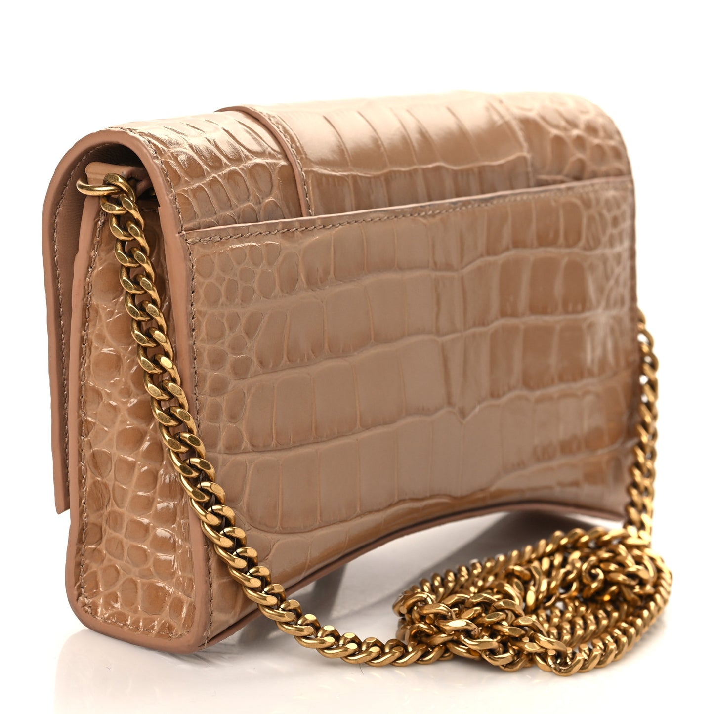 Shiny Calfskin Crocodile Embossed Hourglass Chain Bag Nude Beige
