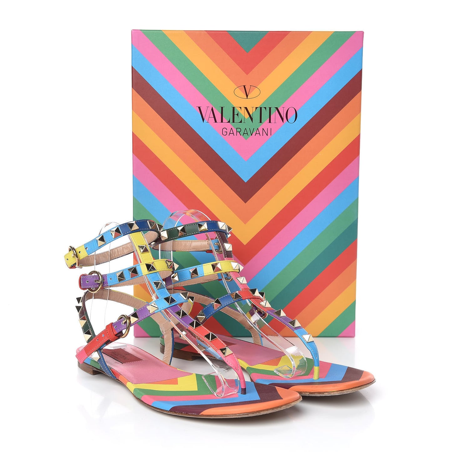 Calfskin 1973 Rockstud Ankle Wrap Flat Thong Sandals 38 Multicolor