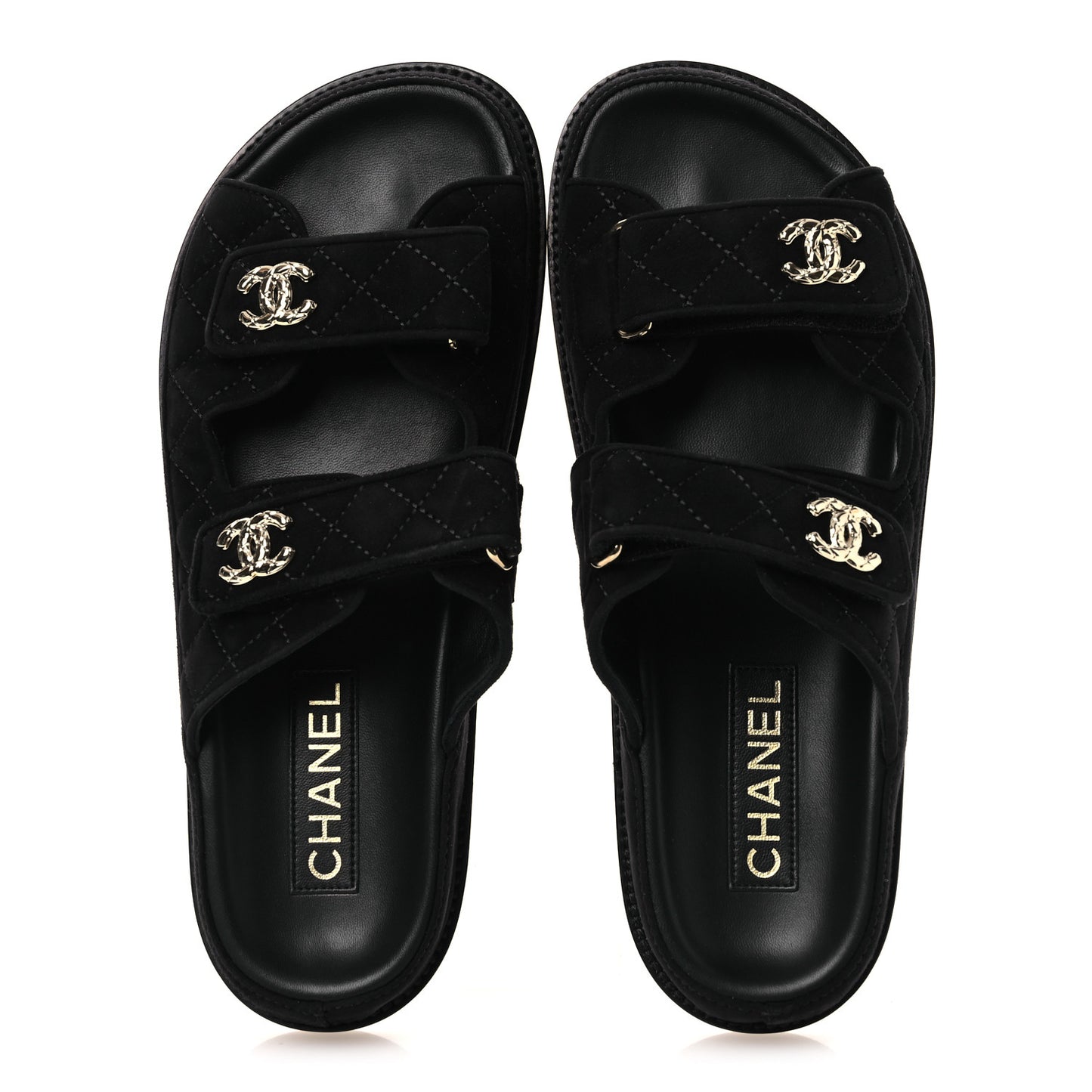 Suede Kidskin Quilted Velcro Dad Chain CC Slide Sandals 40 Black