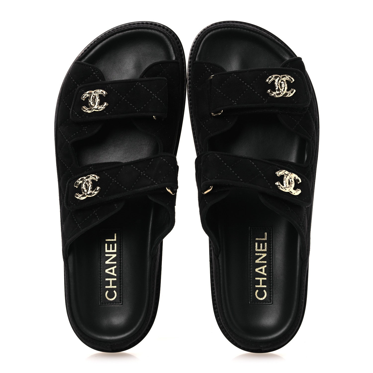 Chanel Suede Kidskin Quilted Velcro Dad Chain CC Slide Sandals 40 Black 2 of 11