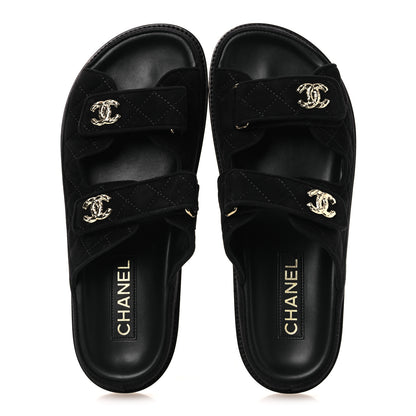 Chanel Suede Kidskin Quilted Velcro Dad Chain CC Slide Sandals 40 Black 2 of 11