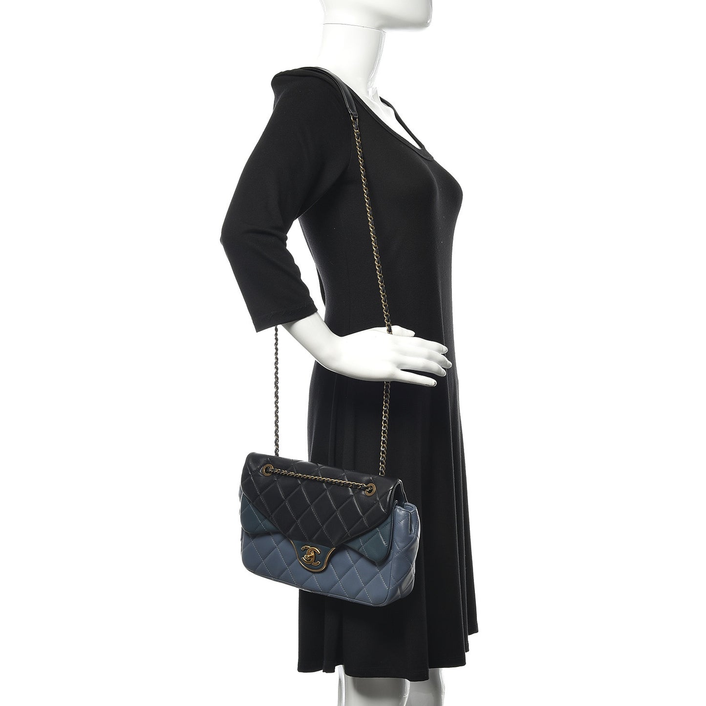 Lambskin Quilted Tri-Color Double Flap Blue Black Navy Blue
