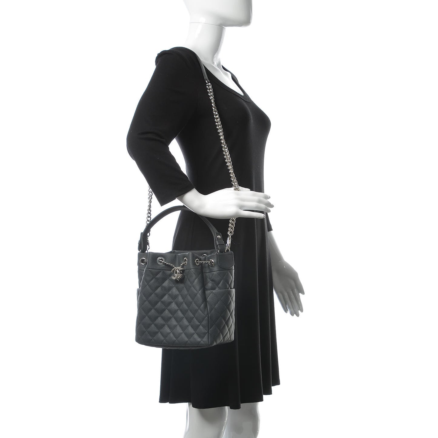 Grained Calfskin Quilted Small Chain Bucket Bag Grey