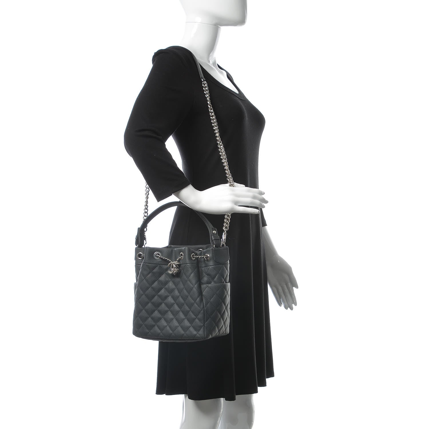 Chanel Grained Calfskin Quilted Small Chain Bucket Bag Grey 2 of 10