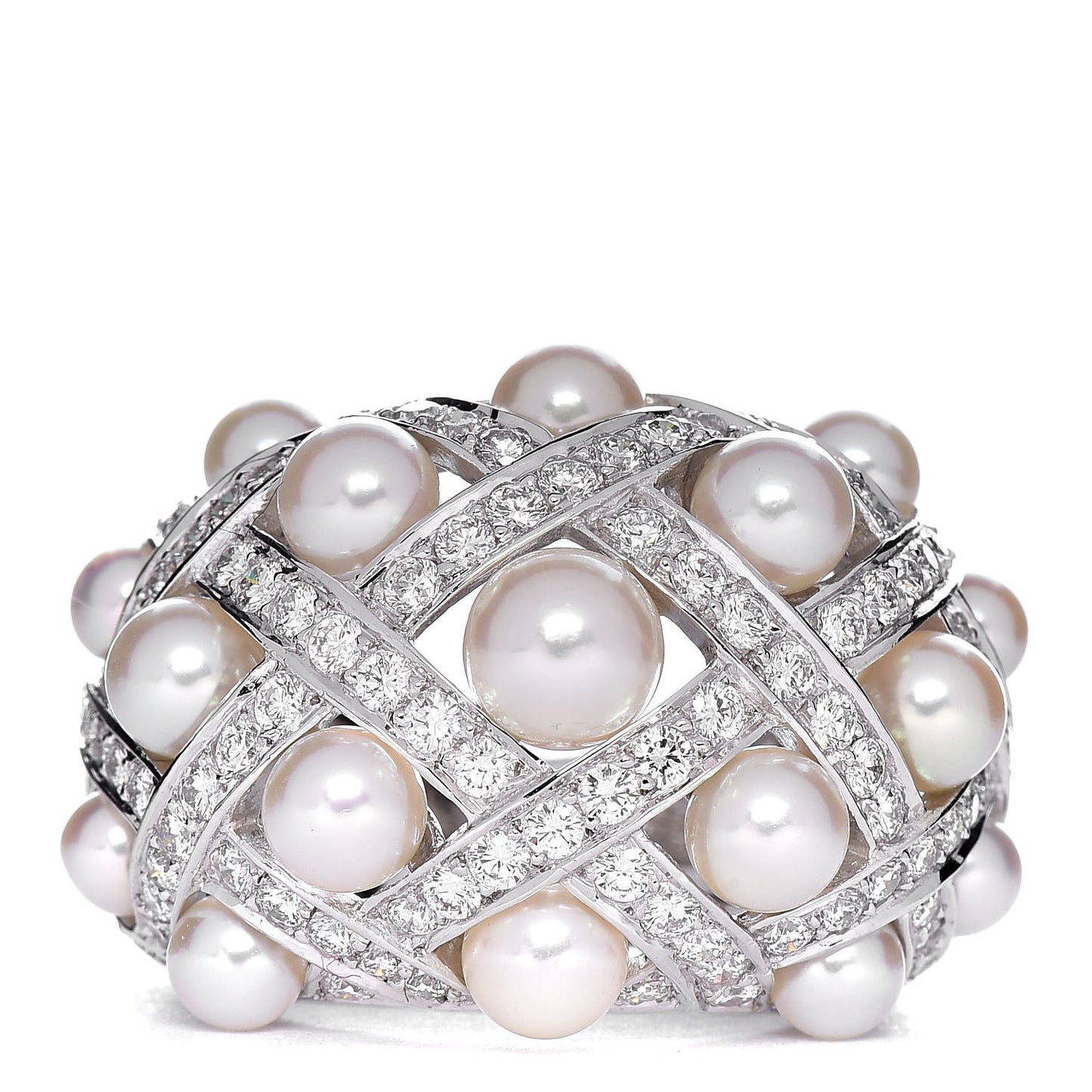 18K White Gold Diamond Akoya Pearl Baroque Matelasse Ring 51 5.75