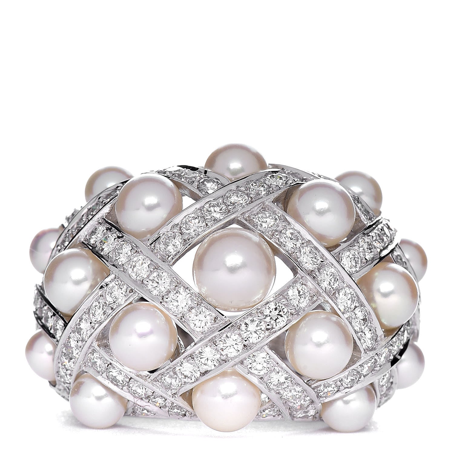 Chanel 18K White Gold Diamond Akoya Pearl Baroque Matelasse Ring 51 5.75 1 of 5