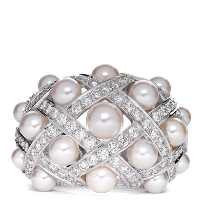 Chanel 18K White Gold Diamond Akoya Pearl Baroque Matelasse Ring 51 5.75 1 of 5