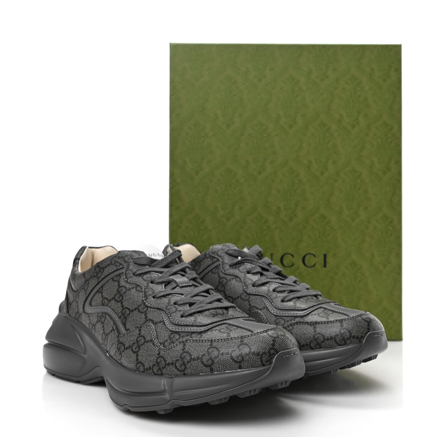 GG Supreme Monogram Apollo Calfskin Mens Rhyton Sneakers 9 Grey Black Graphite Grey