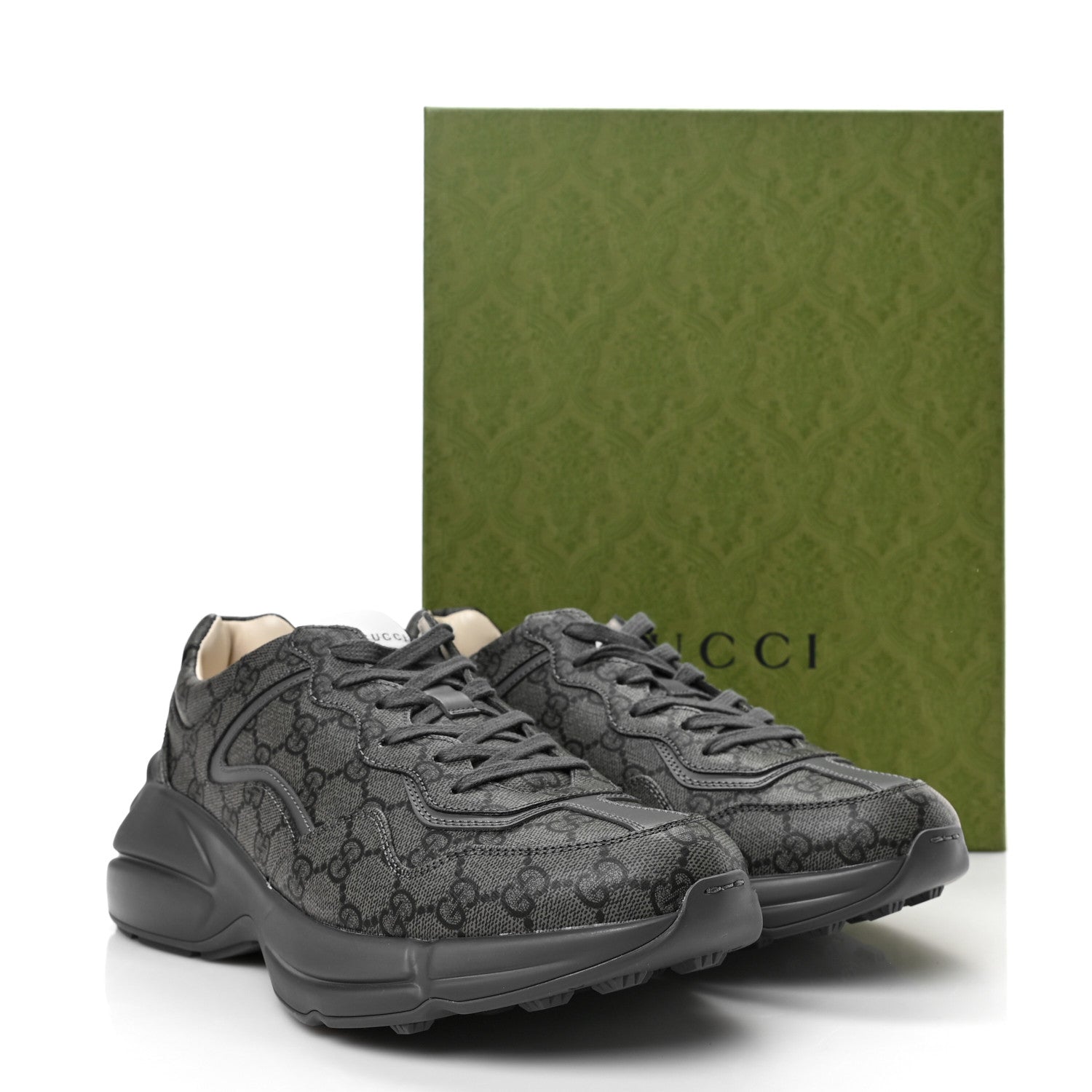 Gucci GG Supreme Monogram Apollo Calfskin Mens Rhyton Sneakers 9 Grey Black Graphite Grey 8 of 8