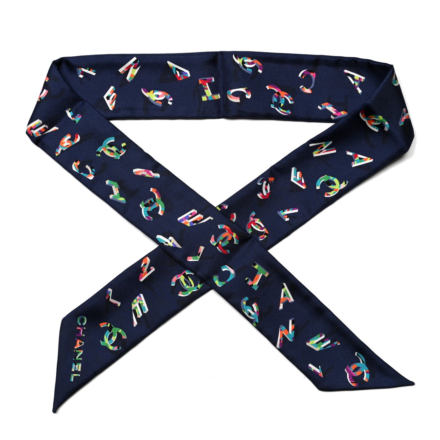 Silk CC Slim Bandeau Scarf Navy Blue Multicolor