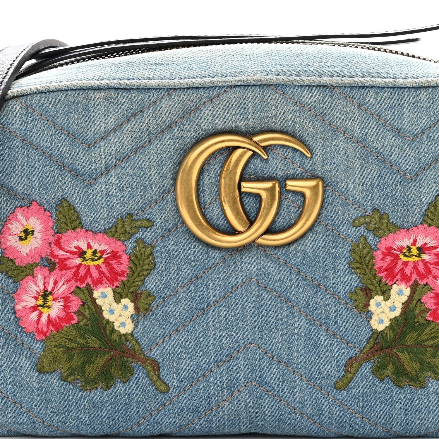 Gucci Denim Matelasse Embroidered Small GG Marmont Chain Shoulder Bag Blue 8 of 14