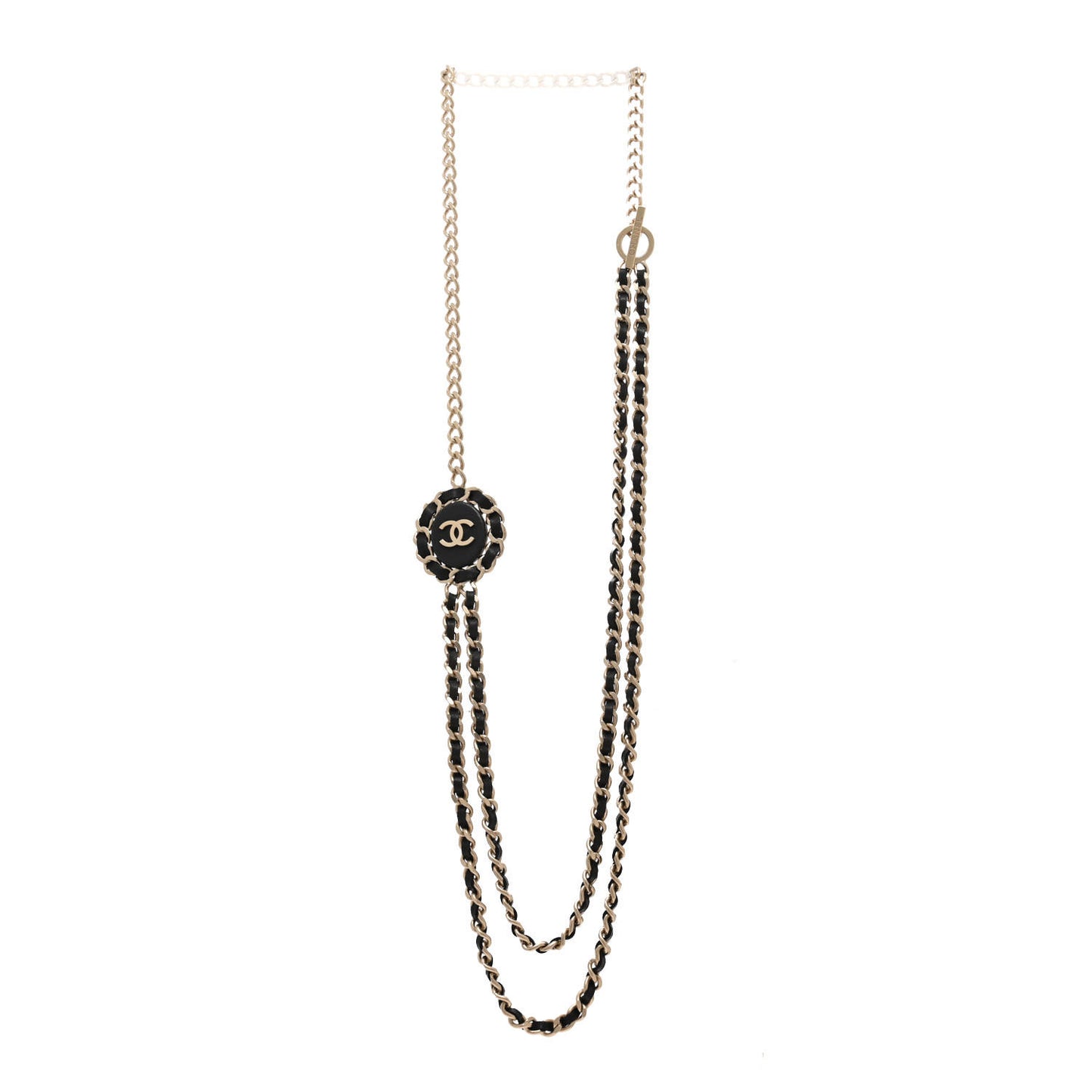 Lambskin CC Long Chain Necklace Black Gold