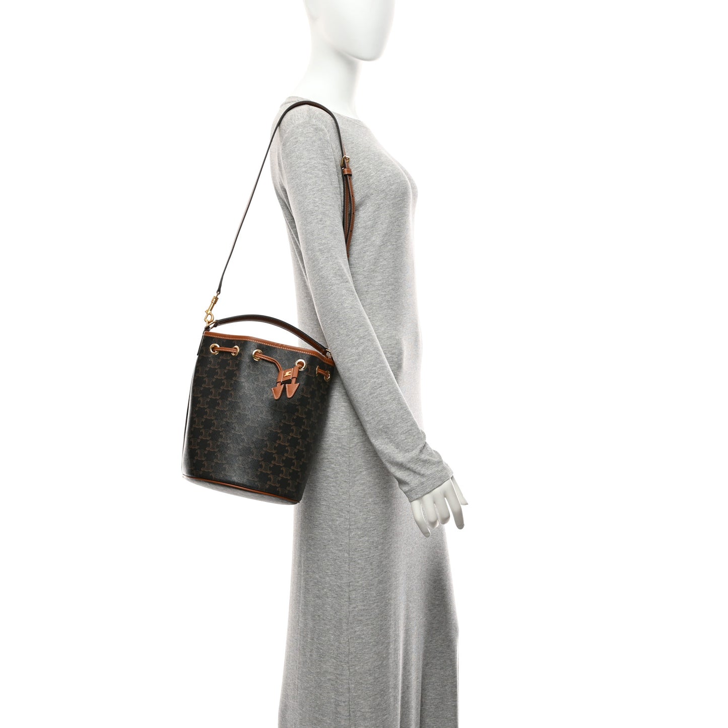 Triomphe Canvas Calfskin Clara Drawstring Bucket Bag Tan