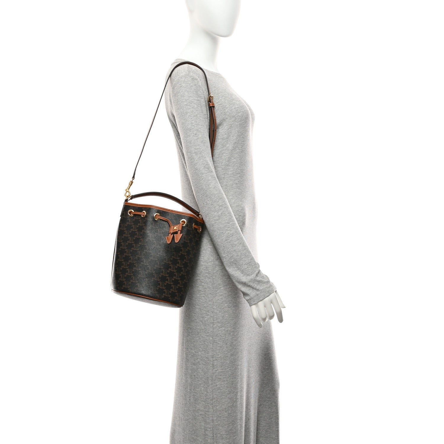 Celine Triomphe Canvas Calfskin Clara Drawstring Bucket Bag Tan 2 of 11