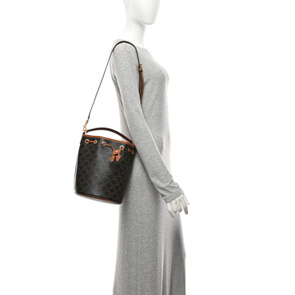 Celine Triomphe Canvas Calfskin Clara Drawstring Bucket Bag Tan 2 of 11