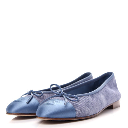 Chanel Satin Denim Goatskin CC Cap Toe Ballerina Flats 37 Blue 3 of 10