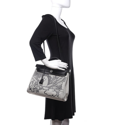 Hermes Vache Hunter Toile H Pegase Pop Herbag Zip Retourne 31 PM Bleu Indigo Ecru Black 2 of 11