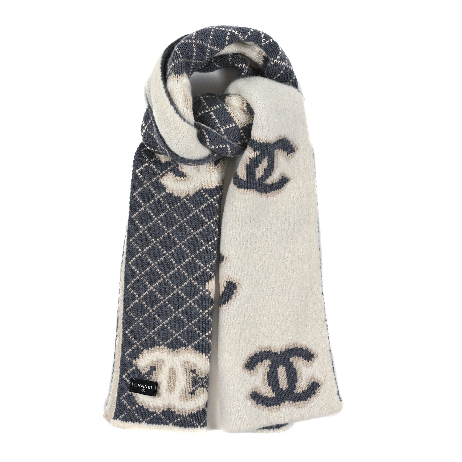 Chanel Wool Cashmere CC Scarf White Grey 1 of 3