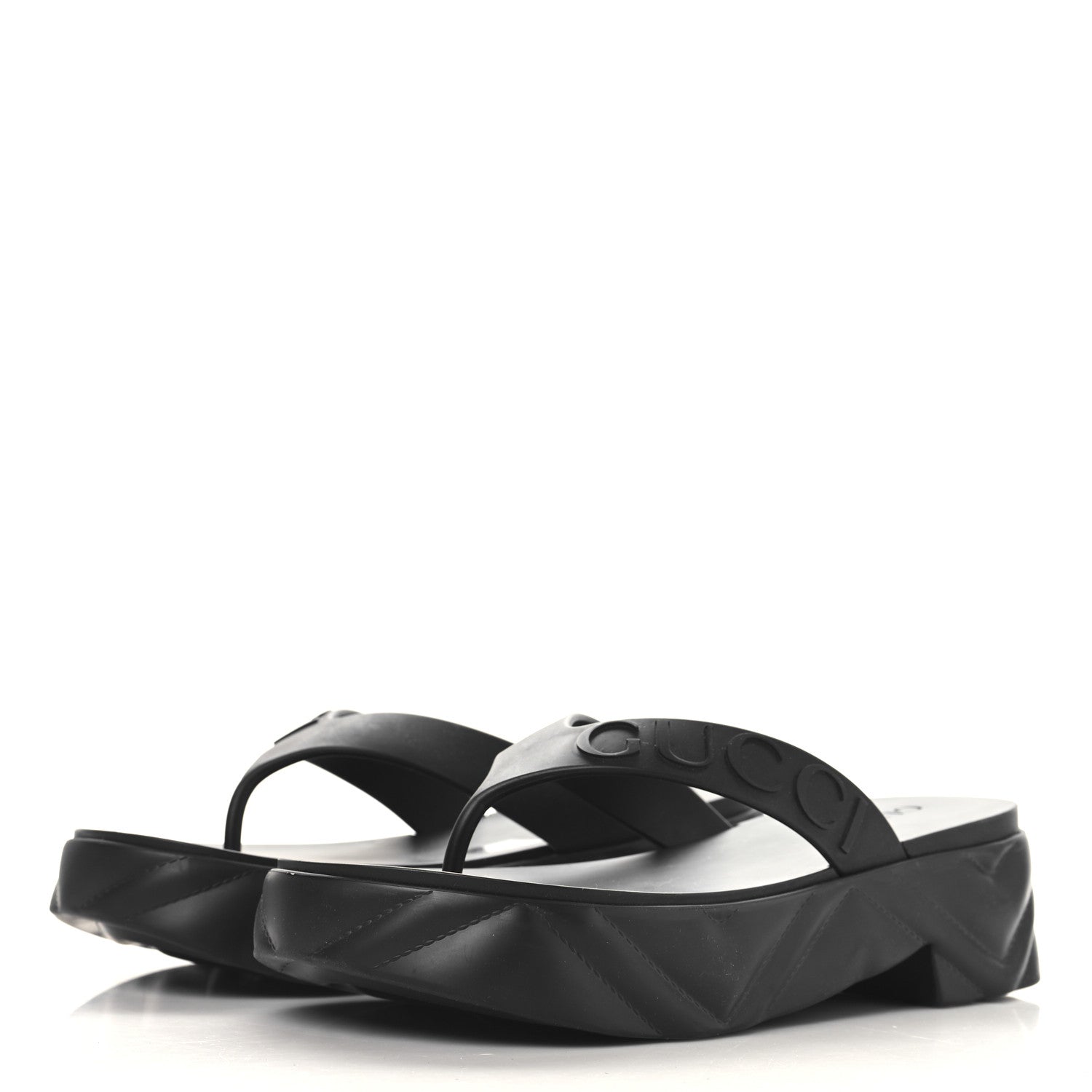 Gucci Rubber Chevron Logo Embossed Womens Thong Platform Sandals 38 Black 4 of 10