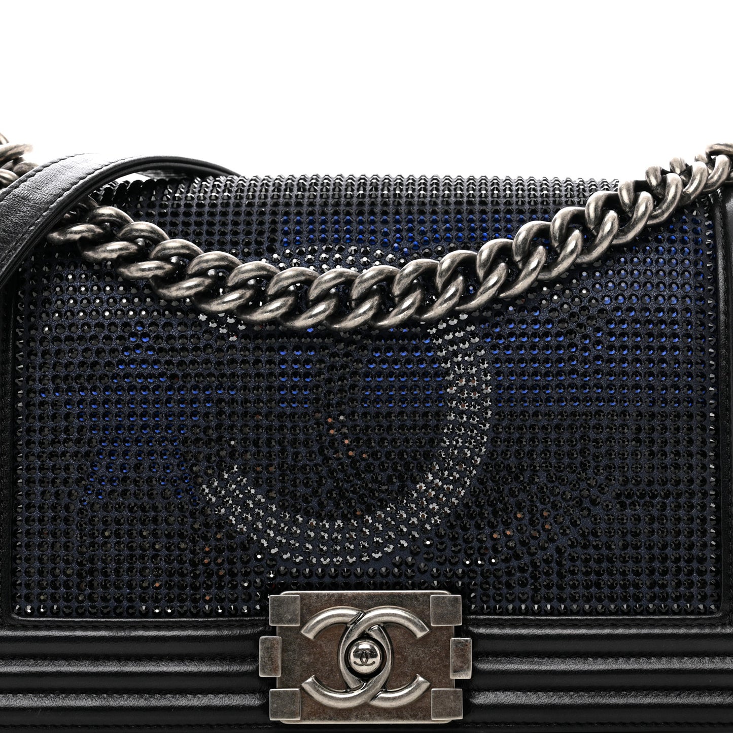 Iridescent Calfskin Quilted Strass Medium Paris Dallas Boy Flap Navy