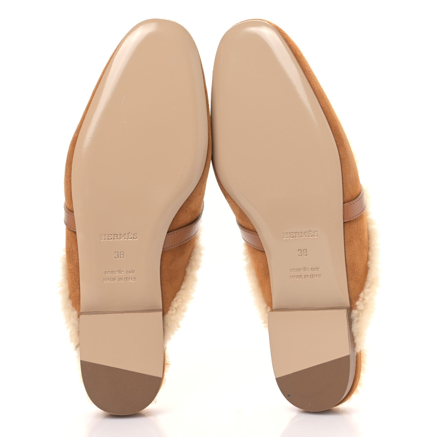 Hermes Suede Goatskin Woolskin Womens Oz Mules 38 Naturel 5 of 8