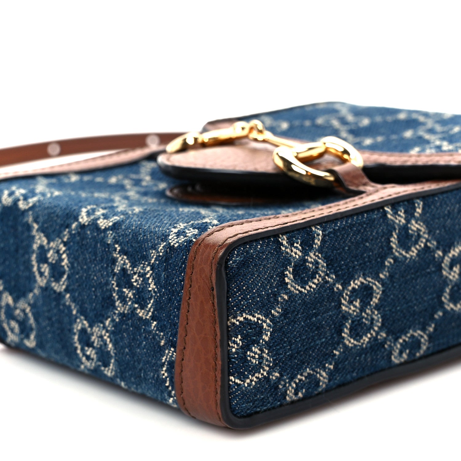 Gucci New Denim GG Monogram Dollar Calfskin Mini Horsebit 1955 Crossbody Bag Blue Tea Cuir Epilog 10 of 10