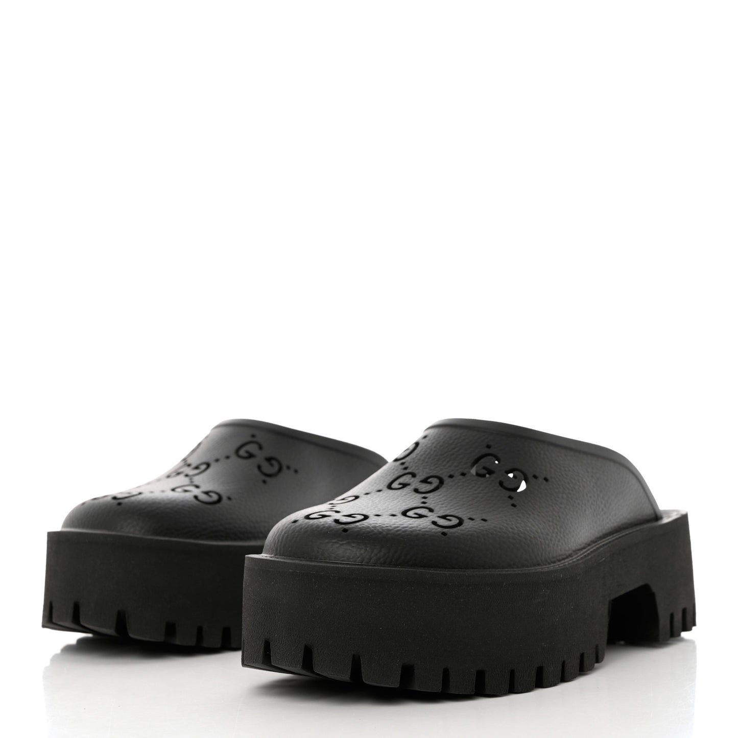 Rubber GG Monogram Perforated Elea Platform 55mm Lug Sole Sandals 39 Black