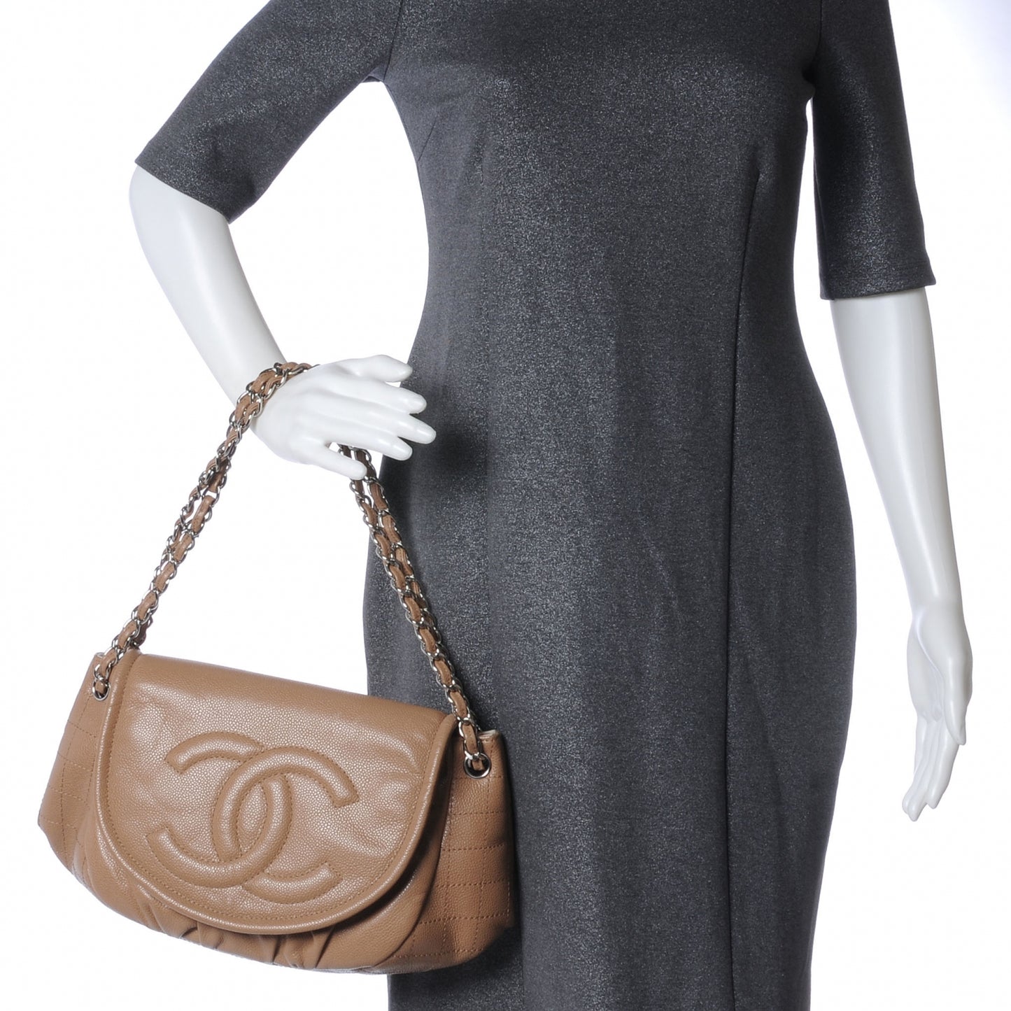Caviar Half Moon Large Flap Dark Beige