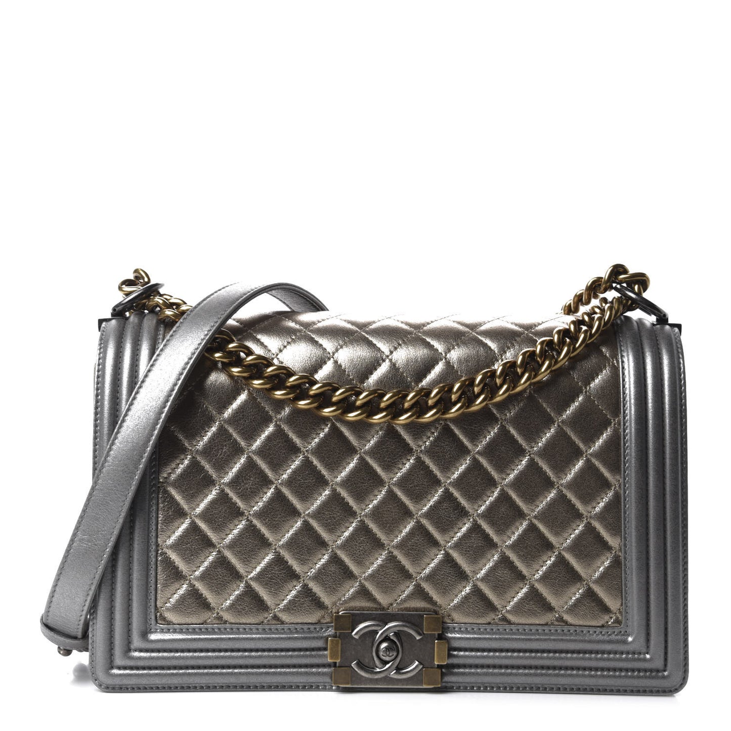 Metallic Calfskin Quilted New Medium Boy Flap Khaki