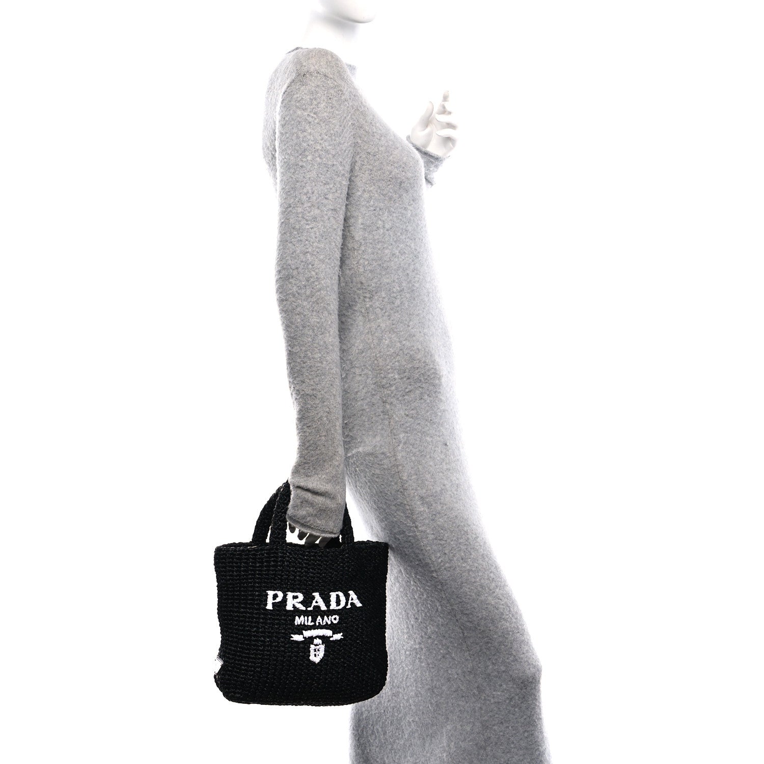 Prada Yarn Raffia Effect Crochet Small Logo Tote Black 3 of 9