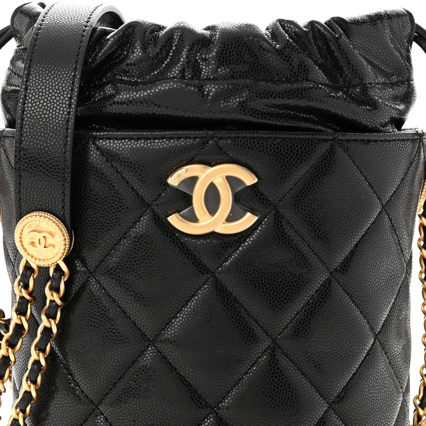 Caviar Quilted Twist Your Buttons Bucket Bag Black