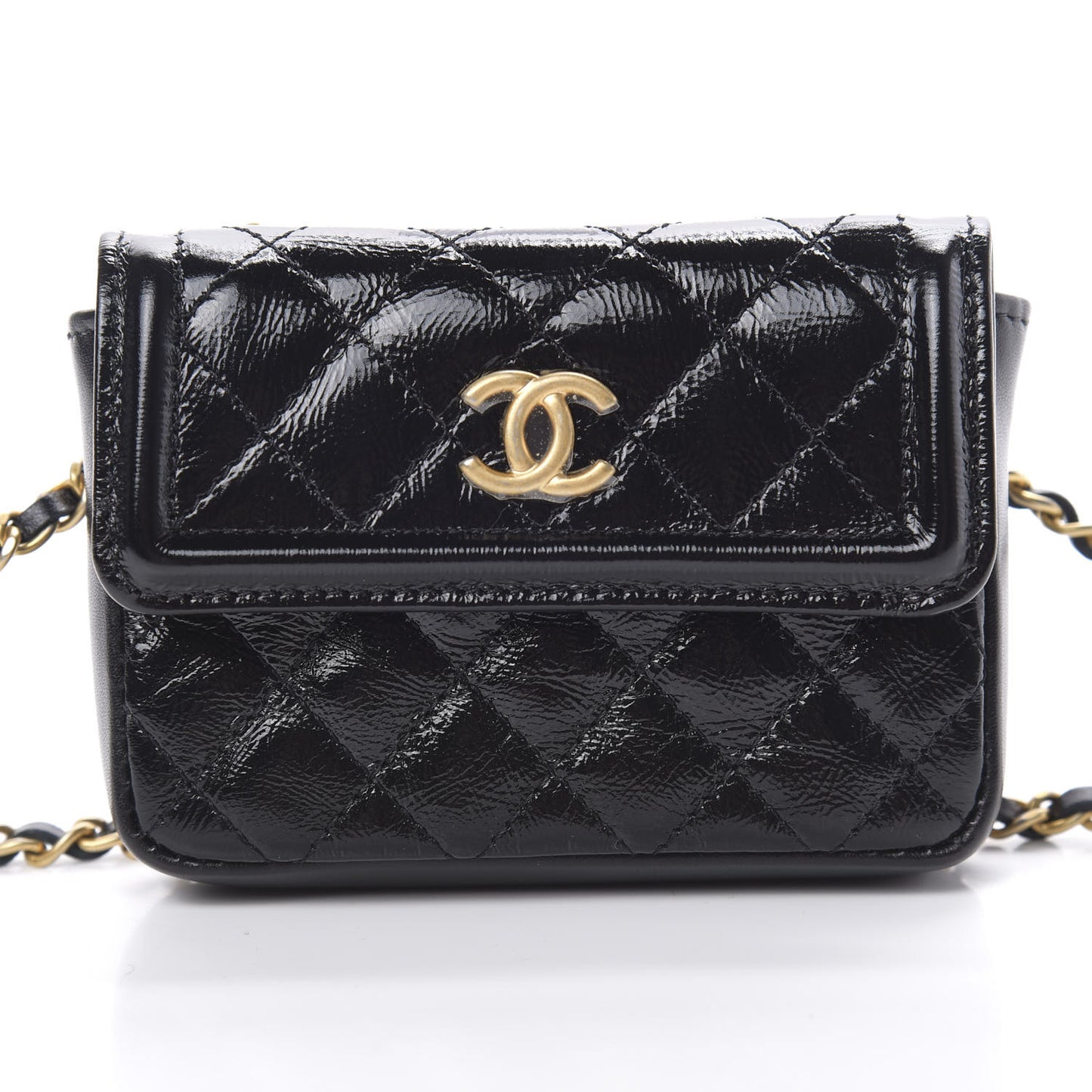 Shiny Aged Calfskin Quilted Waist Belt Bag Black