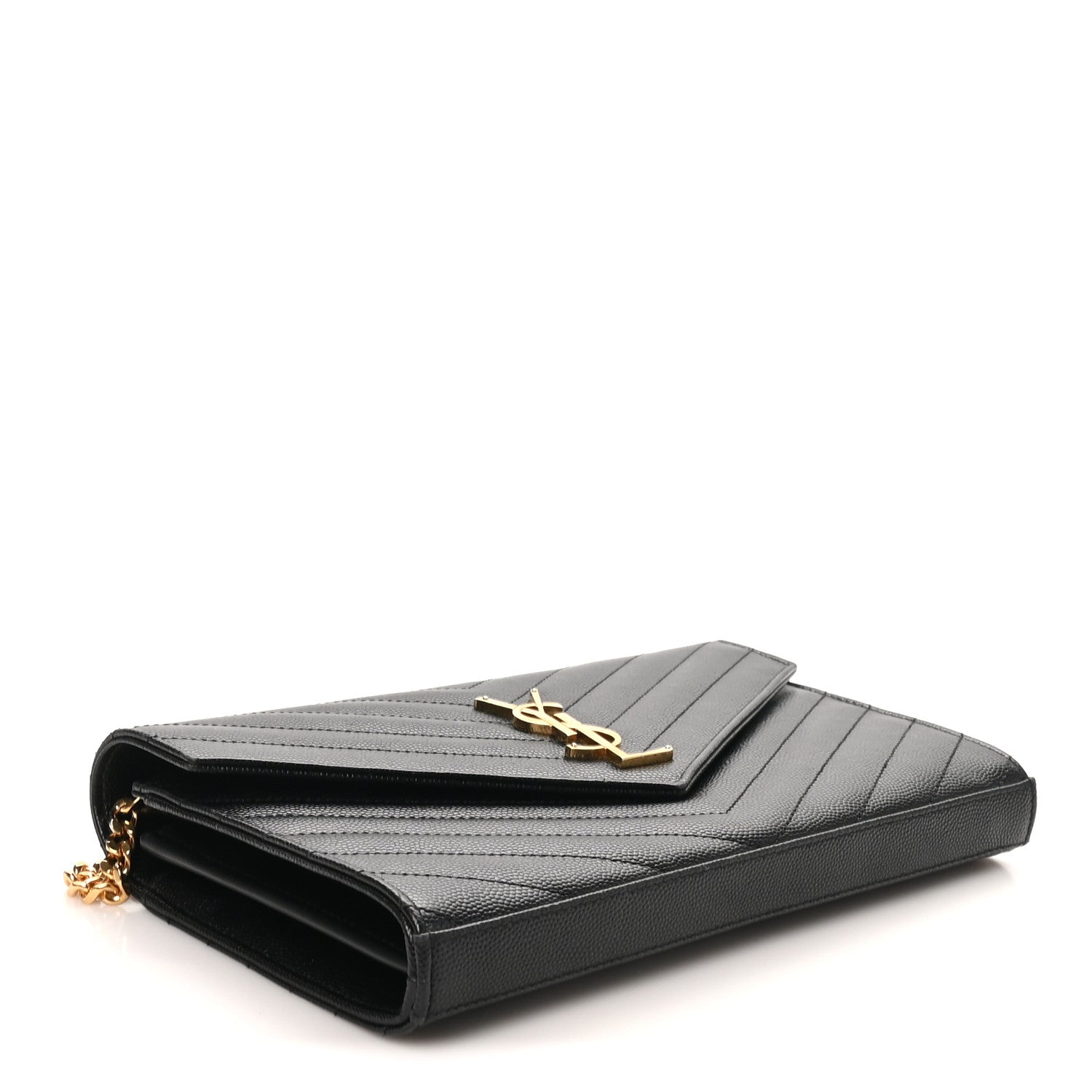 Saint Laurent Grain De Poudre Matelasse Chevron Monogram Chain Wallet Black 4 of 9