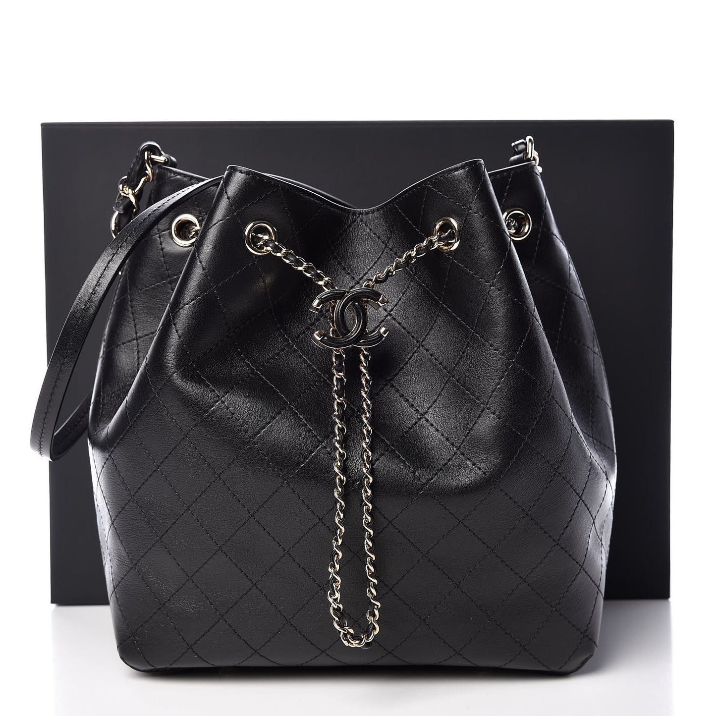 Calfskin Stitched Drawstring Bag Black